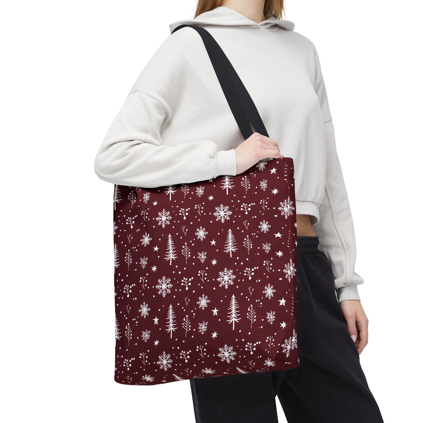 Christmas Snowflake Tote Bag – Burgundy Holiday Patterned Carryall
