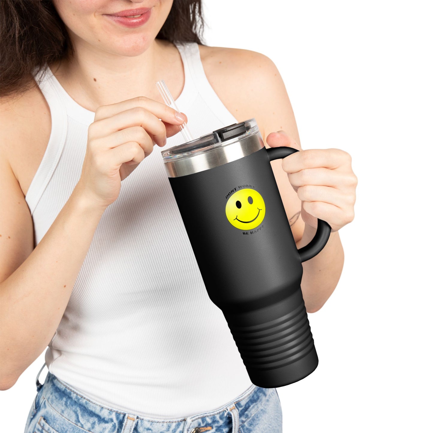 Happy Face Insulated Travel Mug | 40oz, Summer Vibes, Gift for Coffee Lovers, Home Office Essential, Brighten Your Day