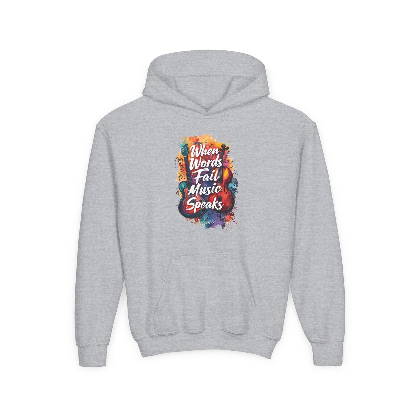 Youth Hoodie — "When Words Fail Music Speaks" Colorful Watercolor Design
