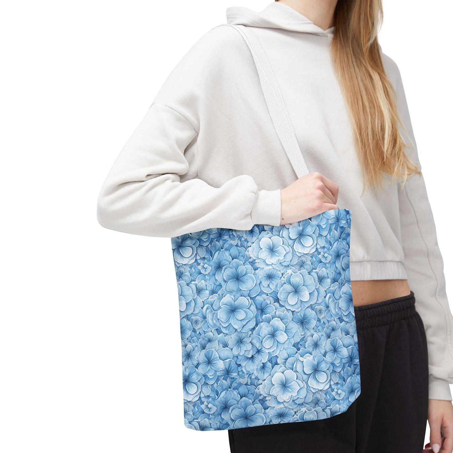 Blue Watercolor Floral Tote Bag — Reusable Flower Pattern Shopper