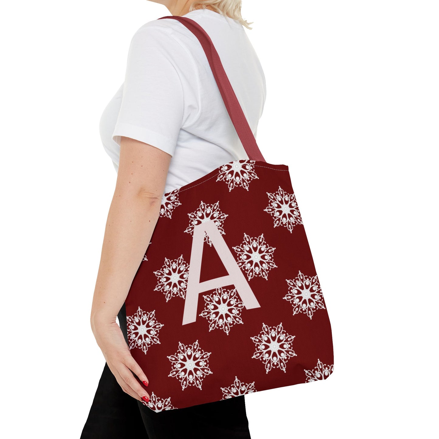 Monogram A Snowflake Tote Bag — Personalized Holiday AOP Tote