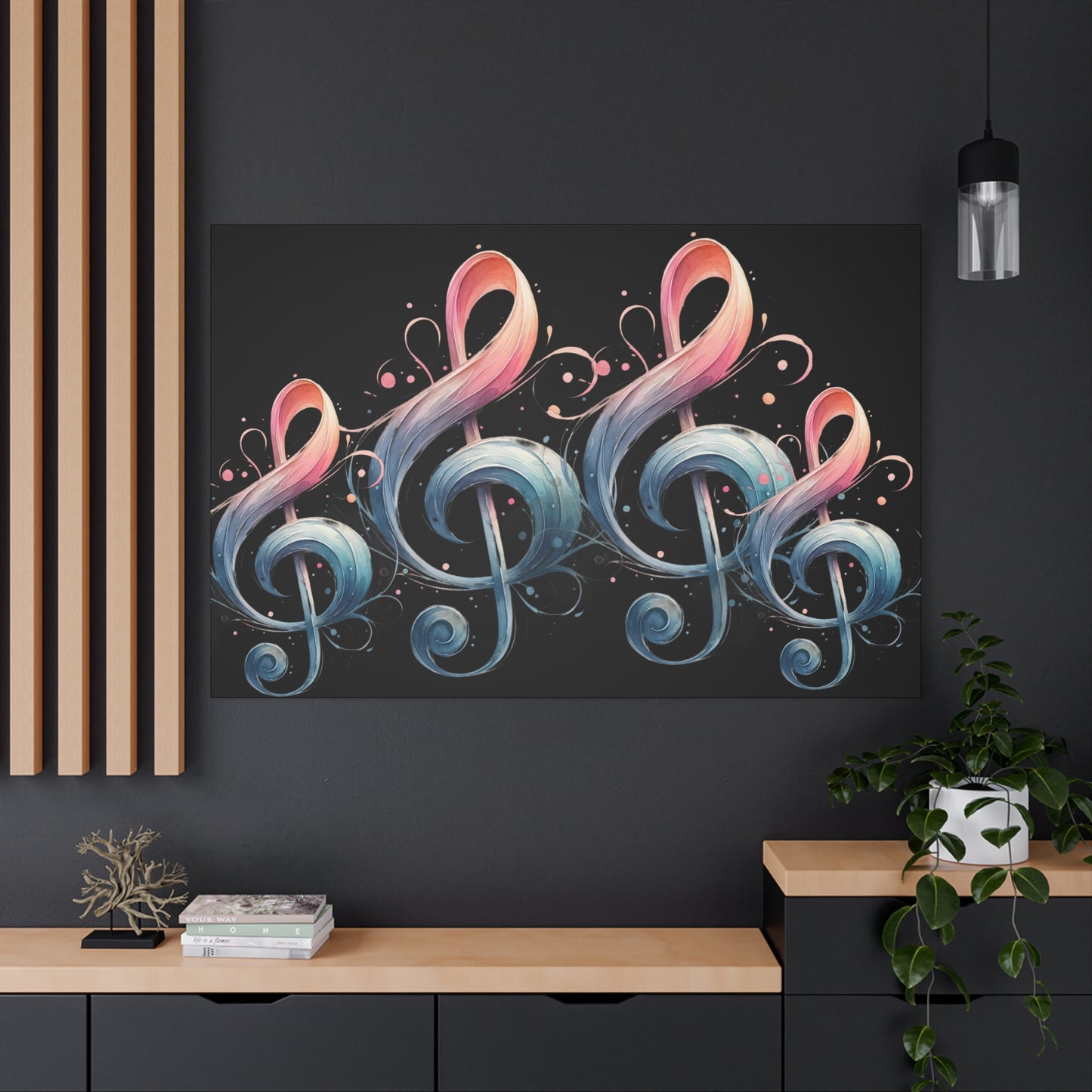 Musical Treble Clef Canvas Wall Art — Pastel Ribbon Notes on Black
