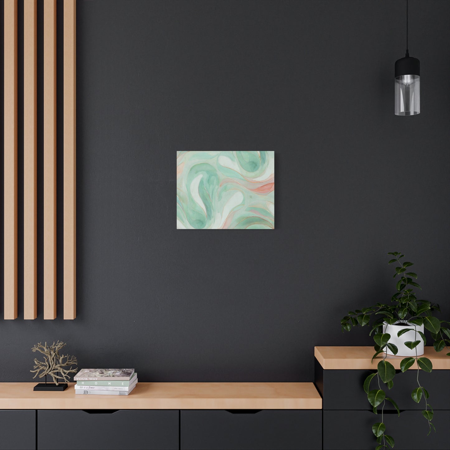Abstract Green Marble Canvas Print — Teal & Coral Swirl Wall Art