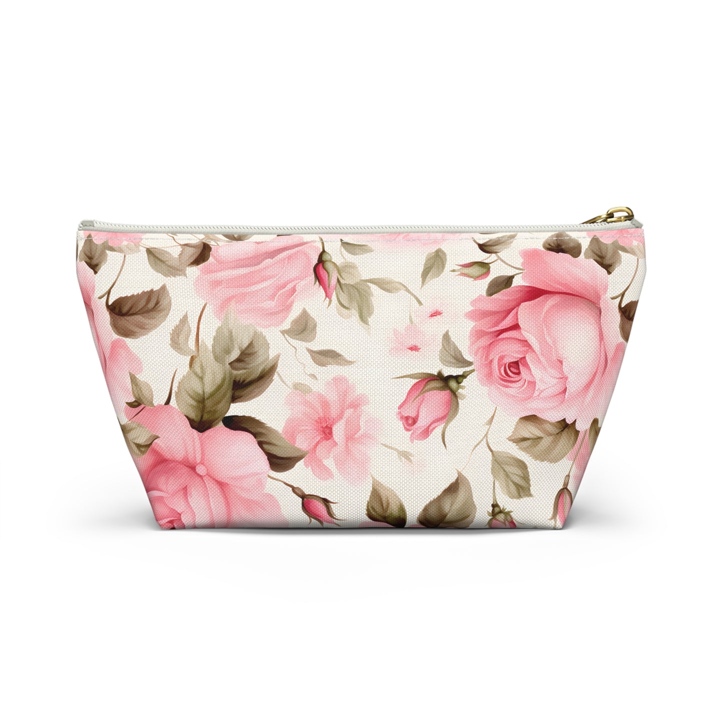 Floral Rose Accessory Pouch - Pink Vintage Cosmetic Bag with T-Bottom