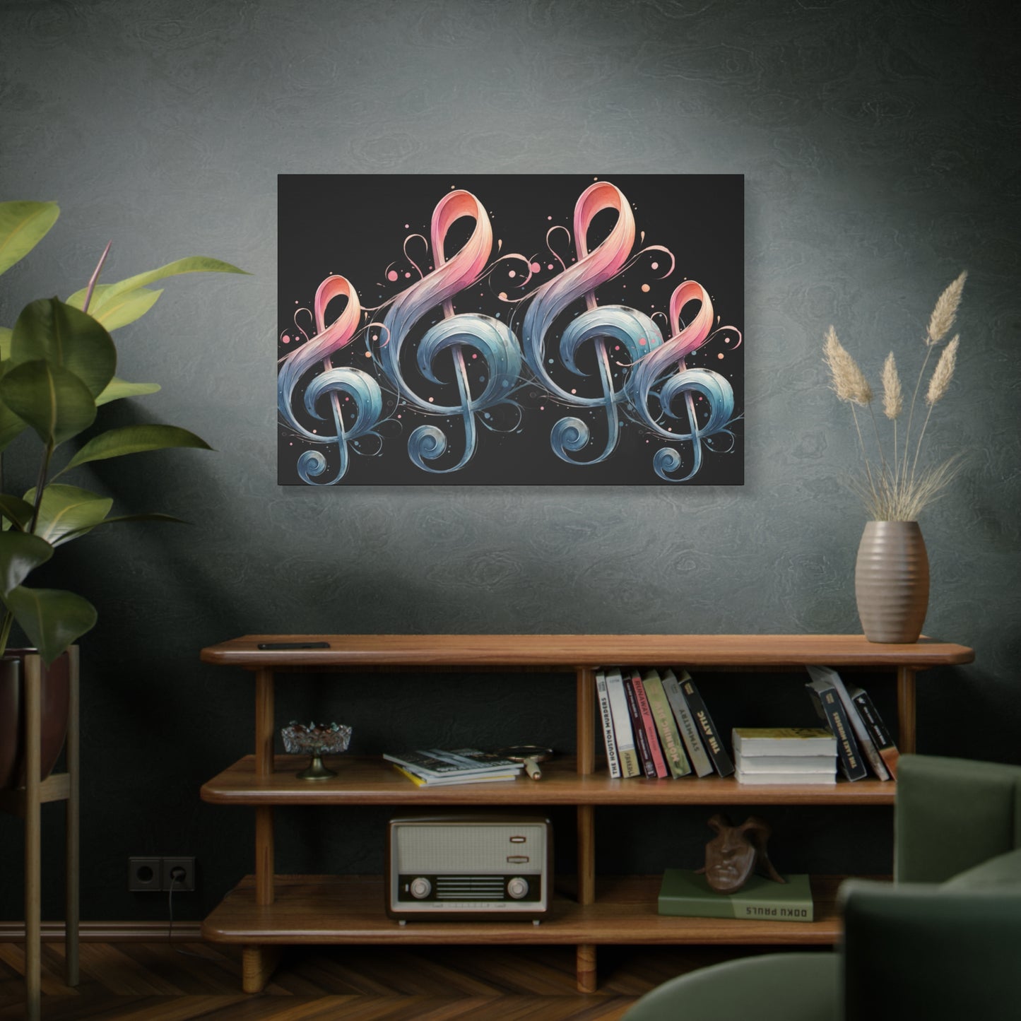 Musical Treble Clef Canvas Wall Art — Pastel Ribbon Notes on Black