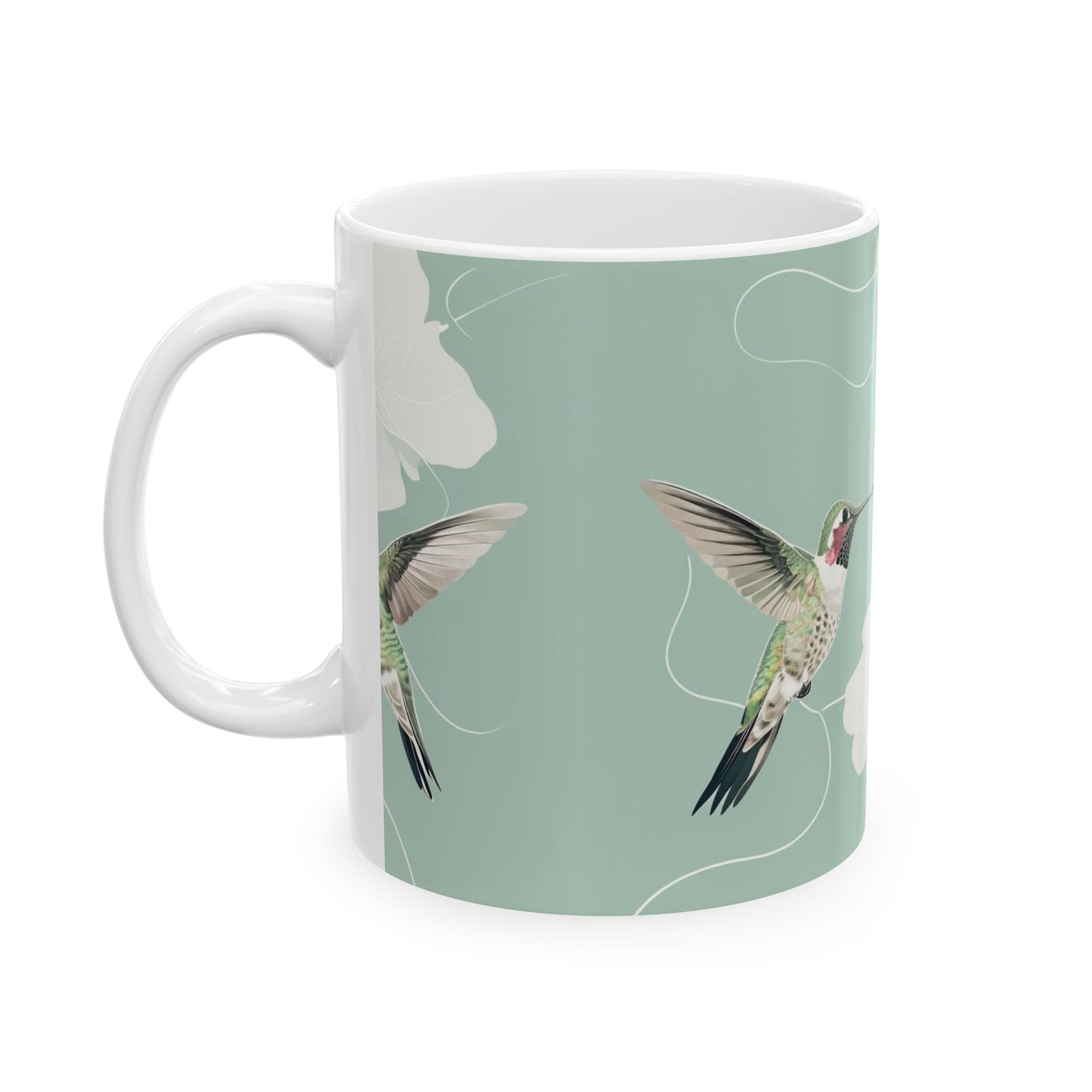 Hummingbird Floral Ceramic Mug – Botanical Mint Coffee Cup (11oz & 15oz)