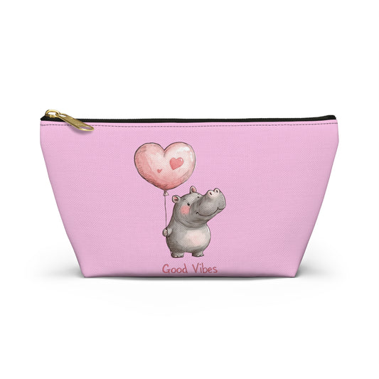 Cute Hippo Good Vibes Accessory Pouch, Makeup Bag, Travel Organizer, Gift for Animal Lovers, Cute Pink Storage Bag