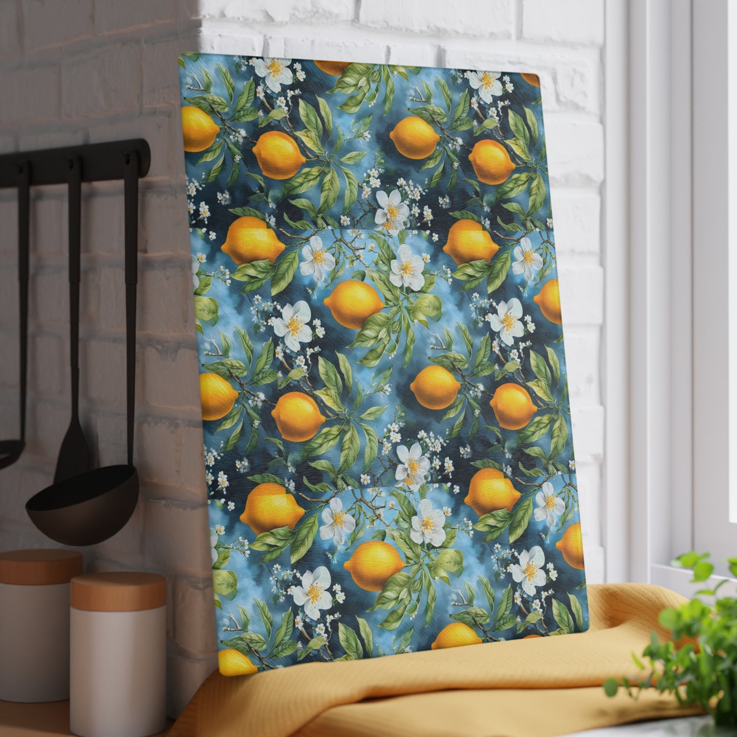 Lemon Blossom Glass Cutting Board — Citrus Kitchen Countertop Board