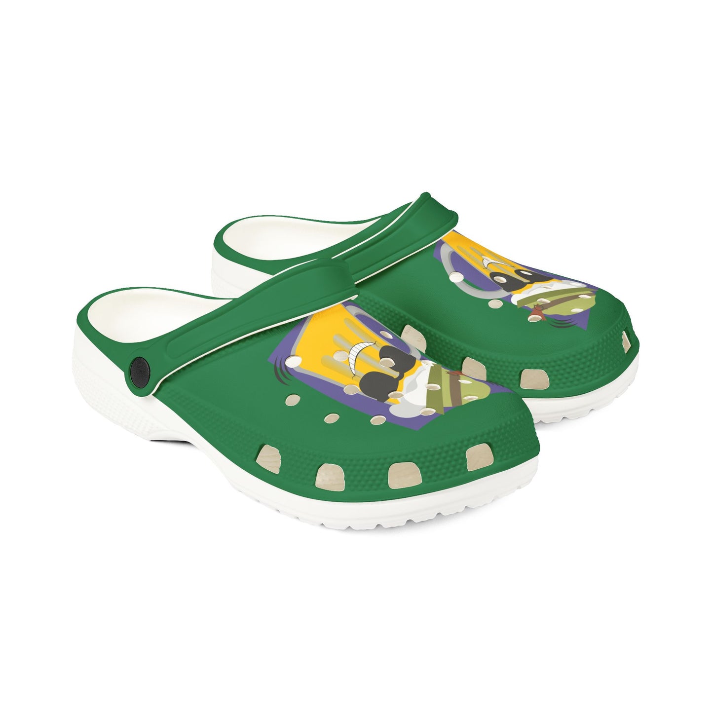 Green Foam Clogs with Cool Sunglasses Mug Graphic — Fun Casual Slip-On Shoes