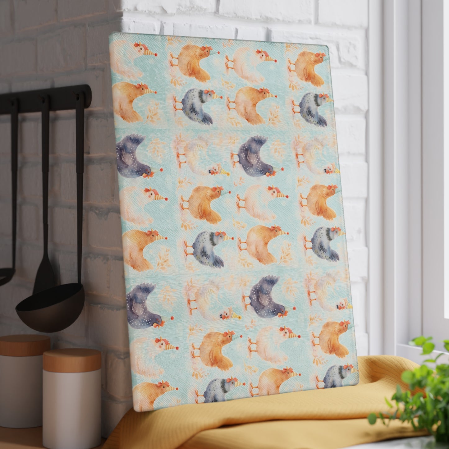 Chicken Pattern Glass Cutting Board — Watercolor Farmhouse Kitchen Decor