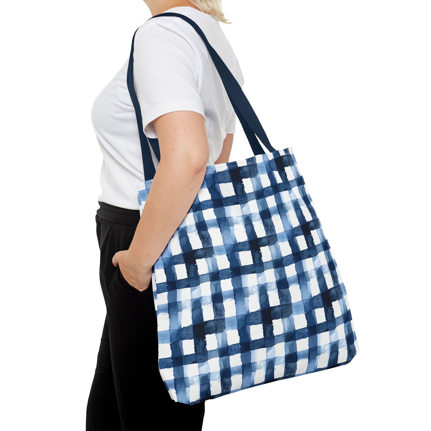 Blue Watercolor Plaid Tote Bag — Navy Check Pattern All-Over Print