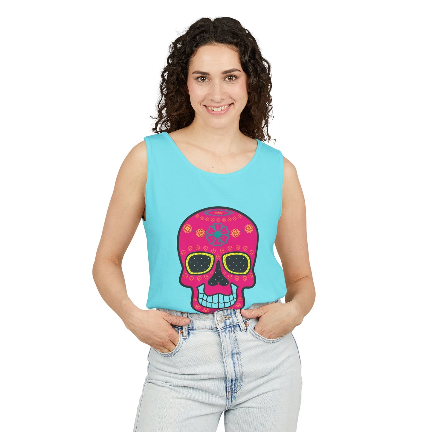 Colorful Dia de los Muertos Skull Tank Top, Unisex Summer Tee, Festival Wear