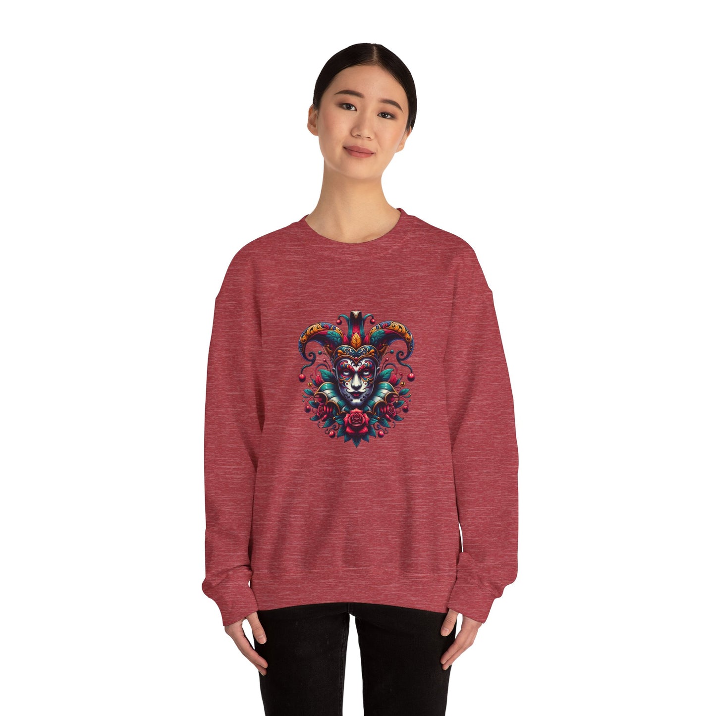 Colorful Jester Sweatshirt, Unisex Heavy Blend Crewneck, Unique Art Apparel, Trendy Fashion, Cozy Gift for Adults