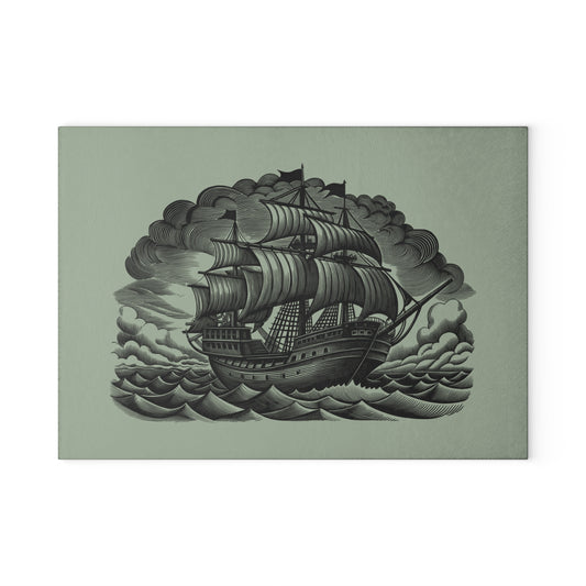 Nautical Glass Cutting Board with Ship Design - Kitchen Decor, Gift for Chefs, Housewarming, Anniversary, Maritime Themed Gift