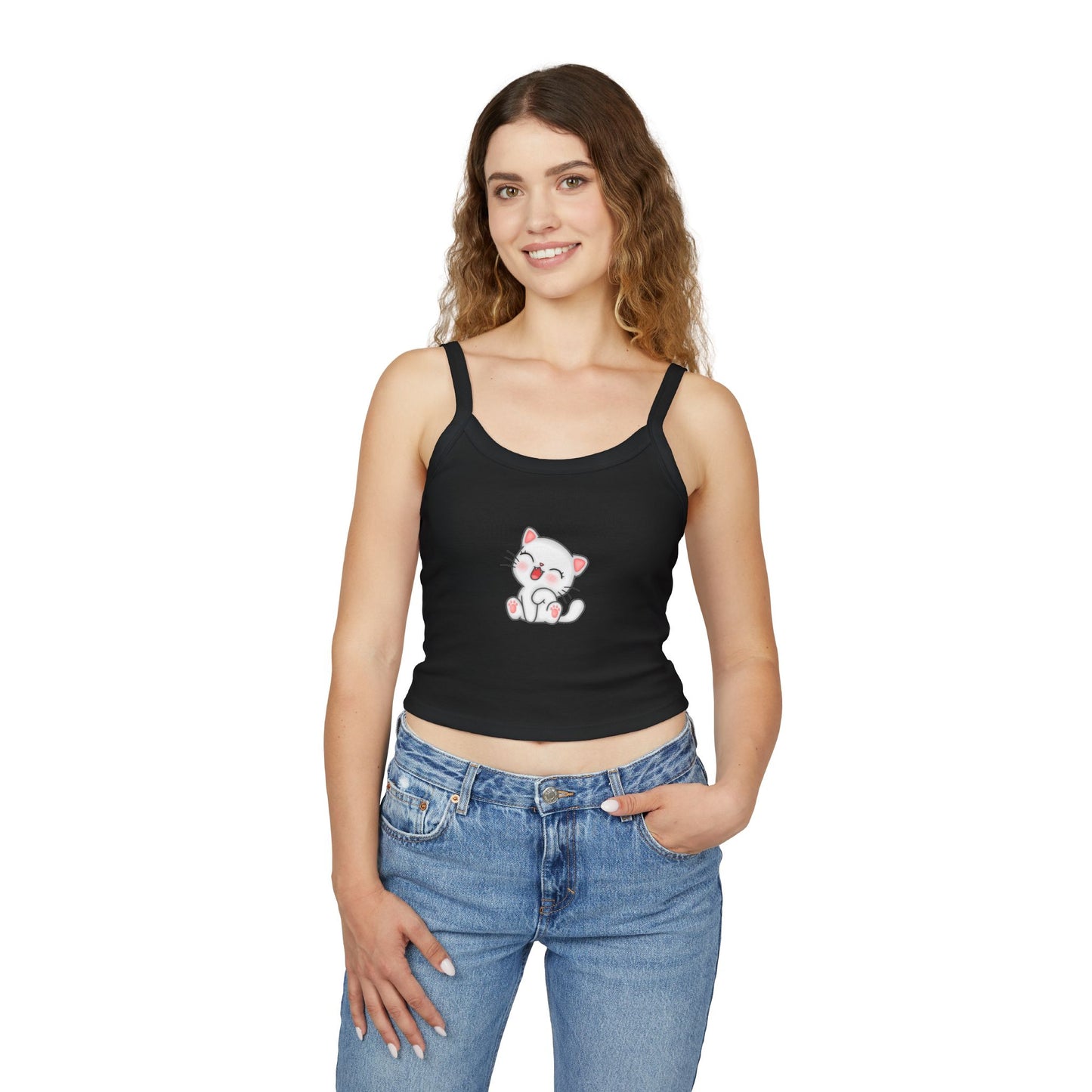 Cute Cat Graphic Women's Spaghetti Strap Tank Top, Summer Top, Cute Animal Shirt, Casual Wear, Gift for Cat Lovers