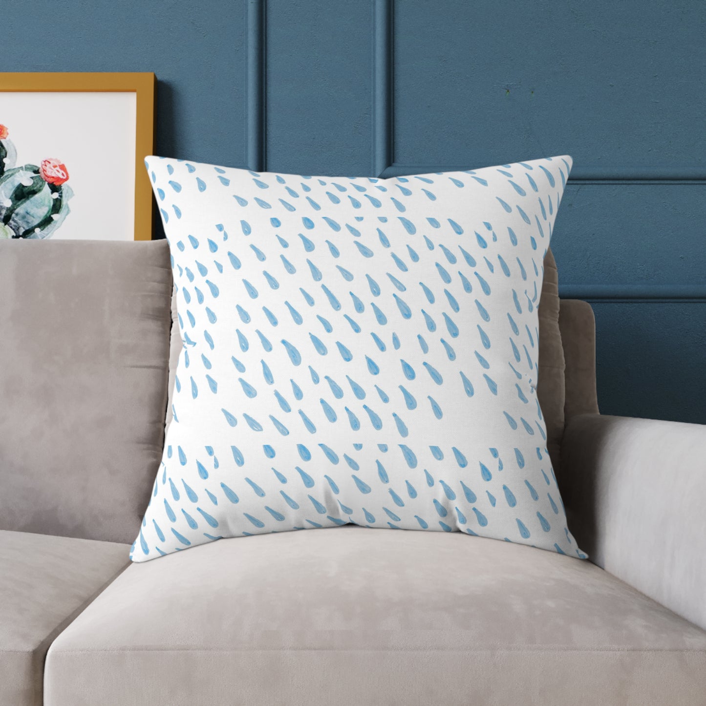 Blue Raindrop Pattern Square Pillow — Minimal Coastal Decorative Throw Pillow