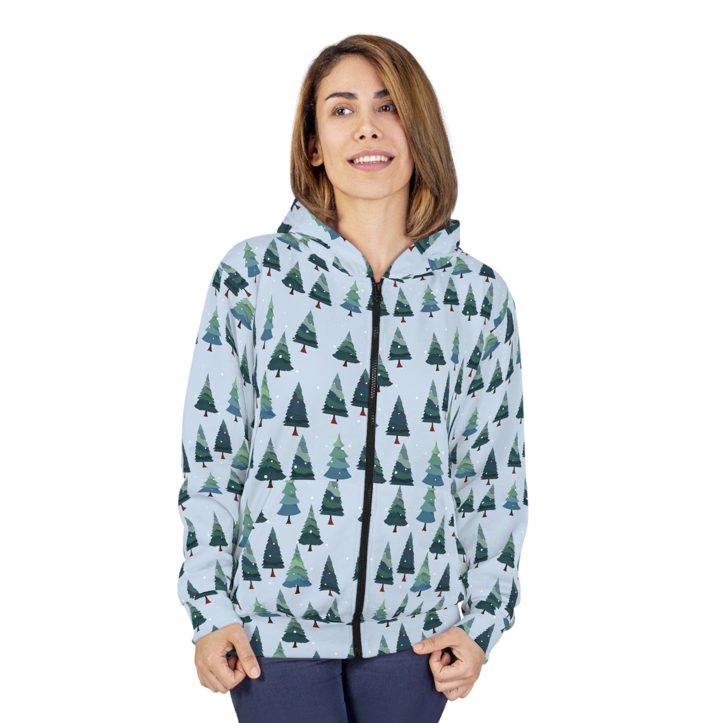 Cozy Forest Hoodie, Unisex Zip Hoodie, AOP Tree Design, Winter Fashion, Christmas Gift, Outdoor Adventure Wear