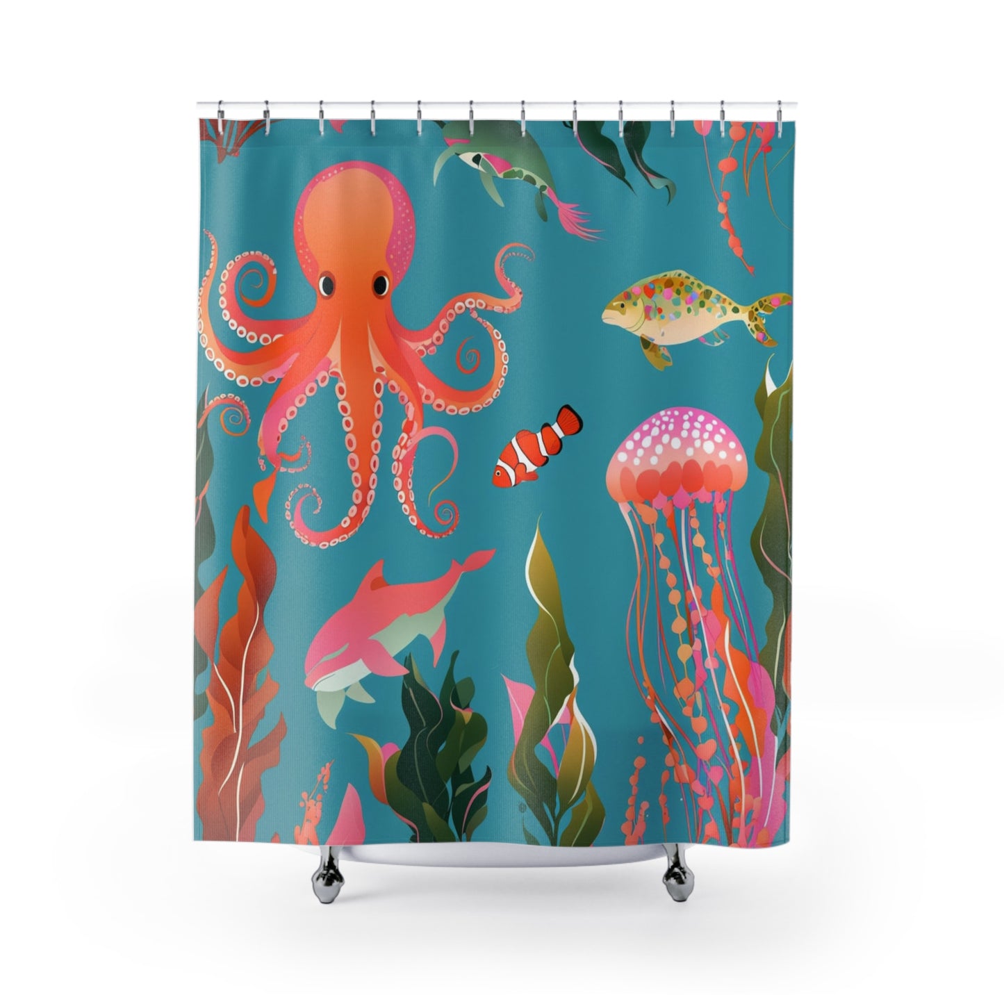 Ocean Life Shower Curtain — Colorful Octopus, Jellyfish & Fish Bathroom Decor