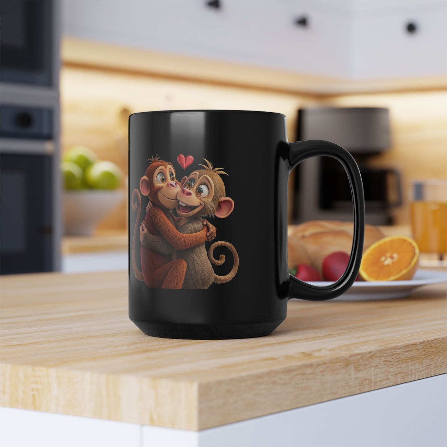 Cute Monkey Couple Black 15oz Coffee Mug — Romantic Valentine’s Gift