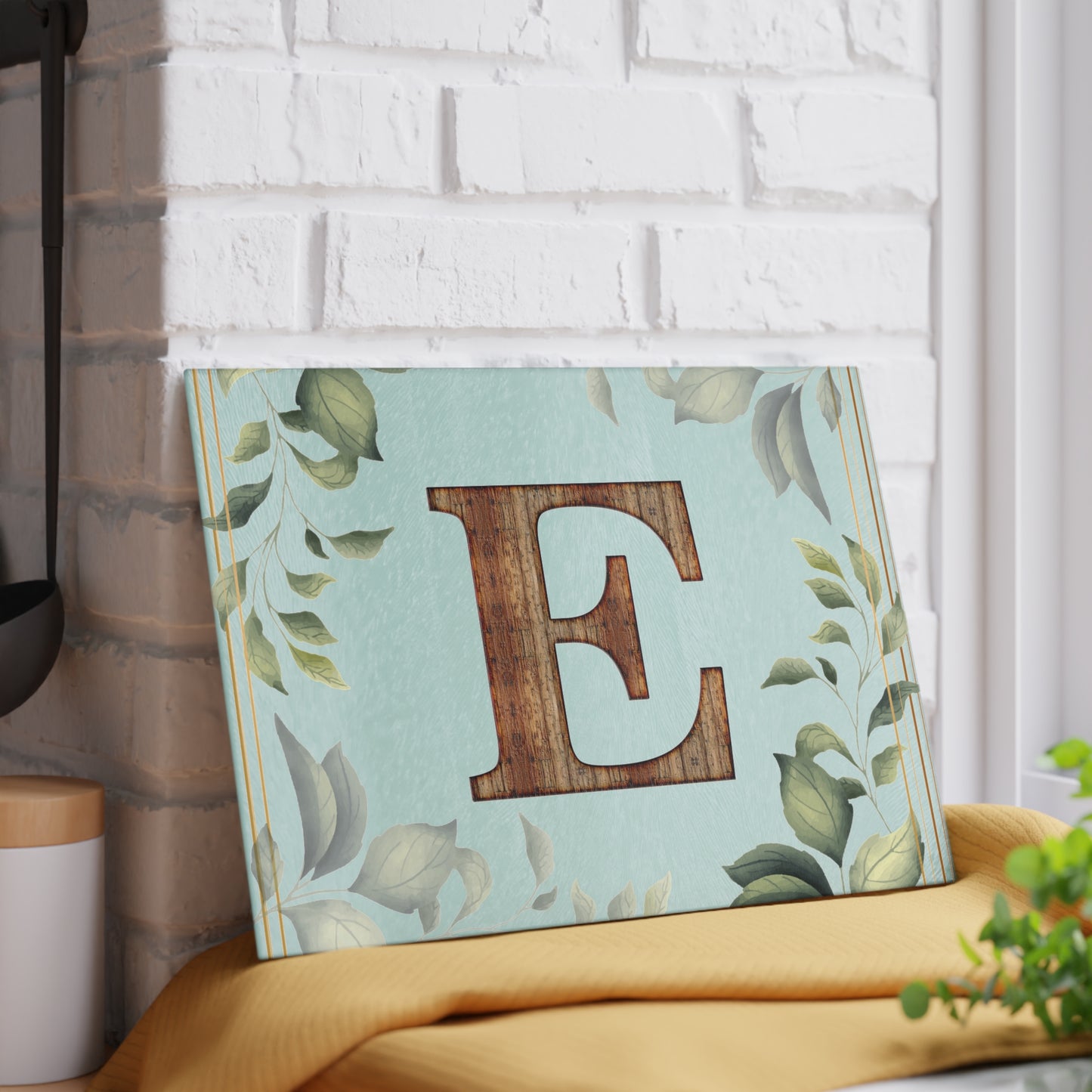 Glass Cutting Board — Monogram 'E' Floral Leaf Kitchen Decor