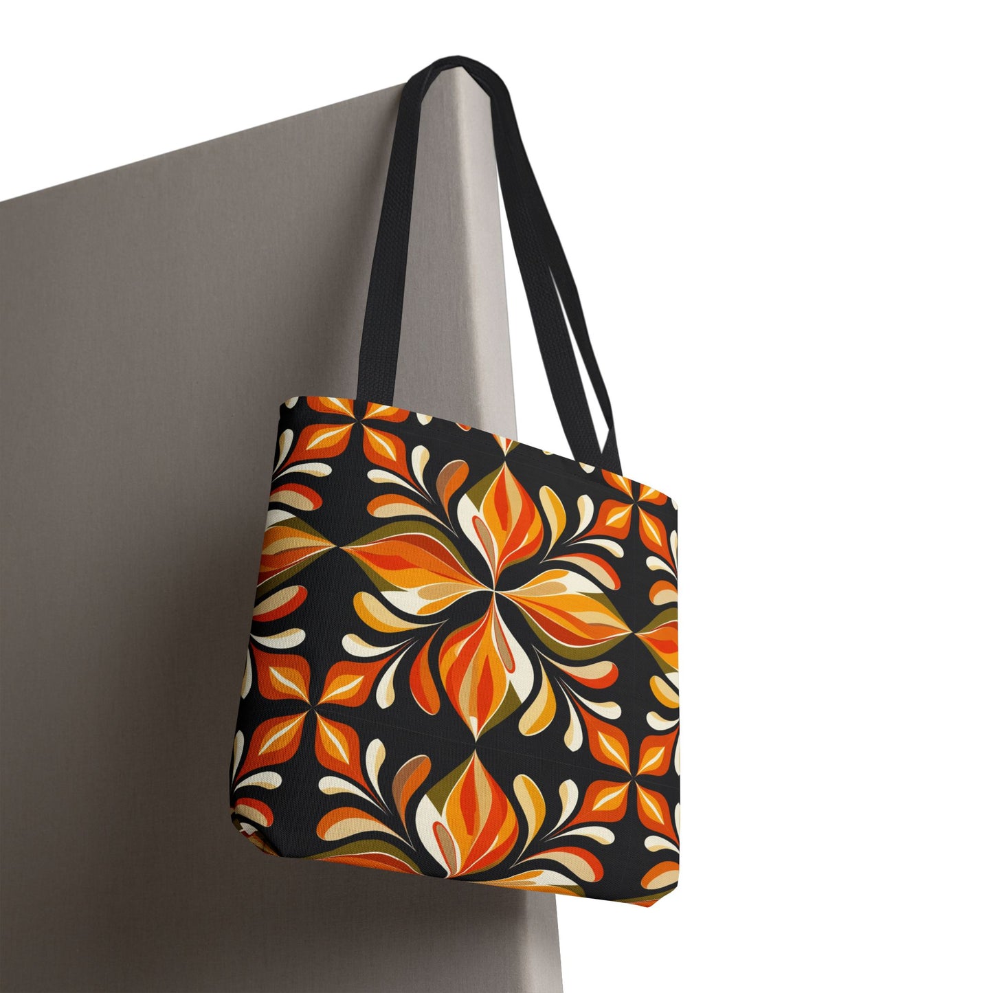 Retro Floral Tote Bag — Orange & Black Boho Pattern