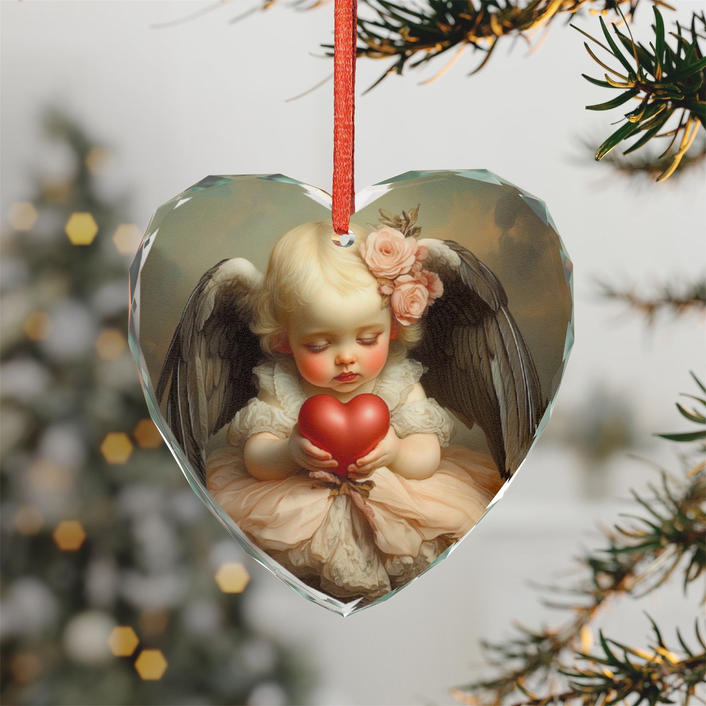 Heart-Shaped Crystal Ornament, Cherubic Decor, Valentine's Gift, Home Decoration, Christmas Tree Ornament, Romantic Keepsake