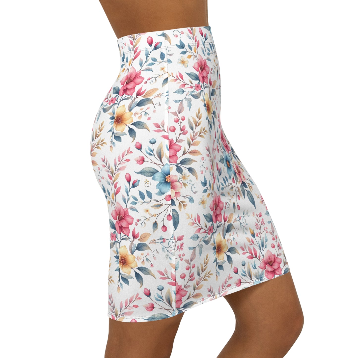 Floral Watercolor Pencil Skirt — Pastel Bouquet Mid‑Waist Women's Skirt