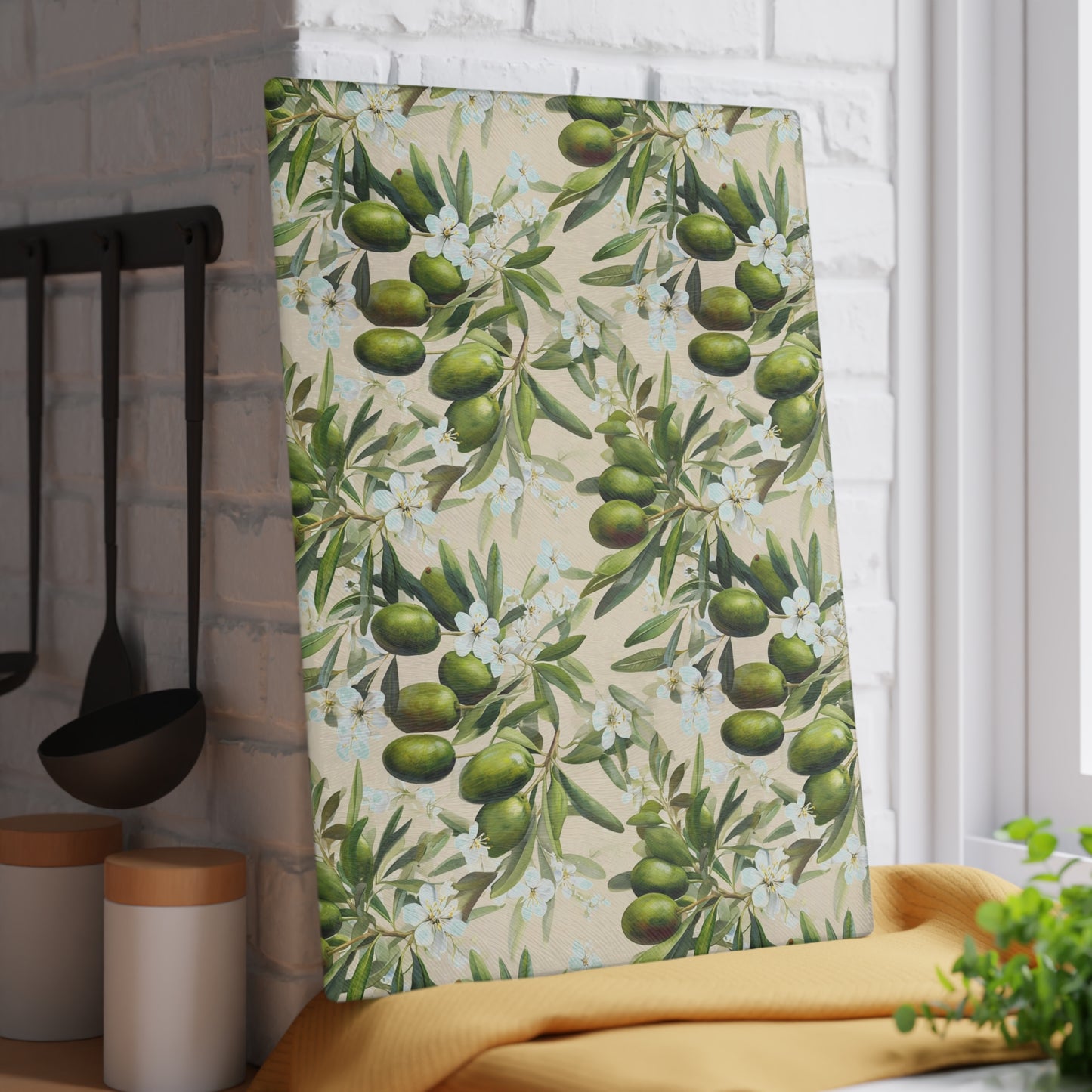 Olive Branch Glass Cutting Board — Mediterranean Kitchen Decor