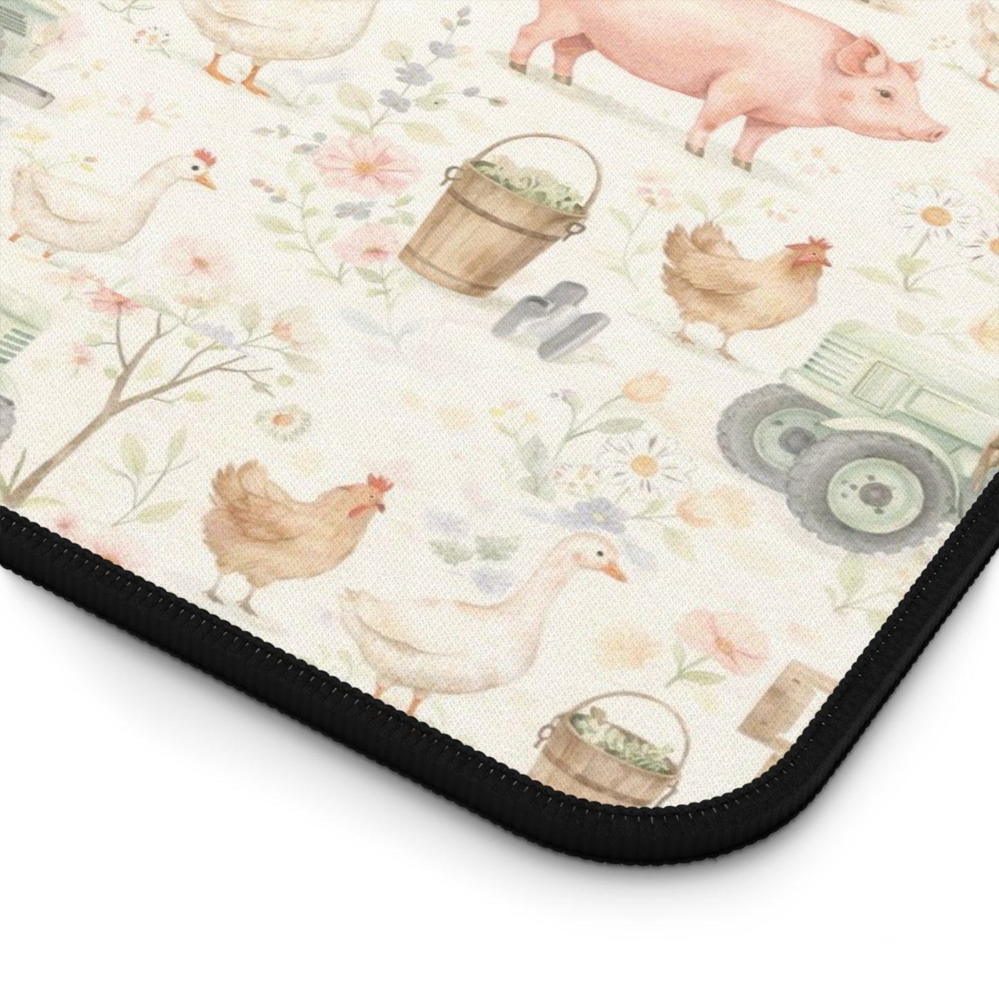 Farmhouse Animals Desk Mat — Vintage Tractor, Pig & Chicken Pattern