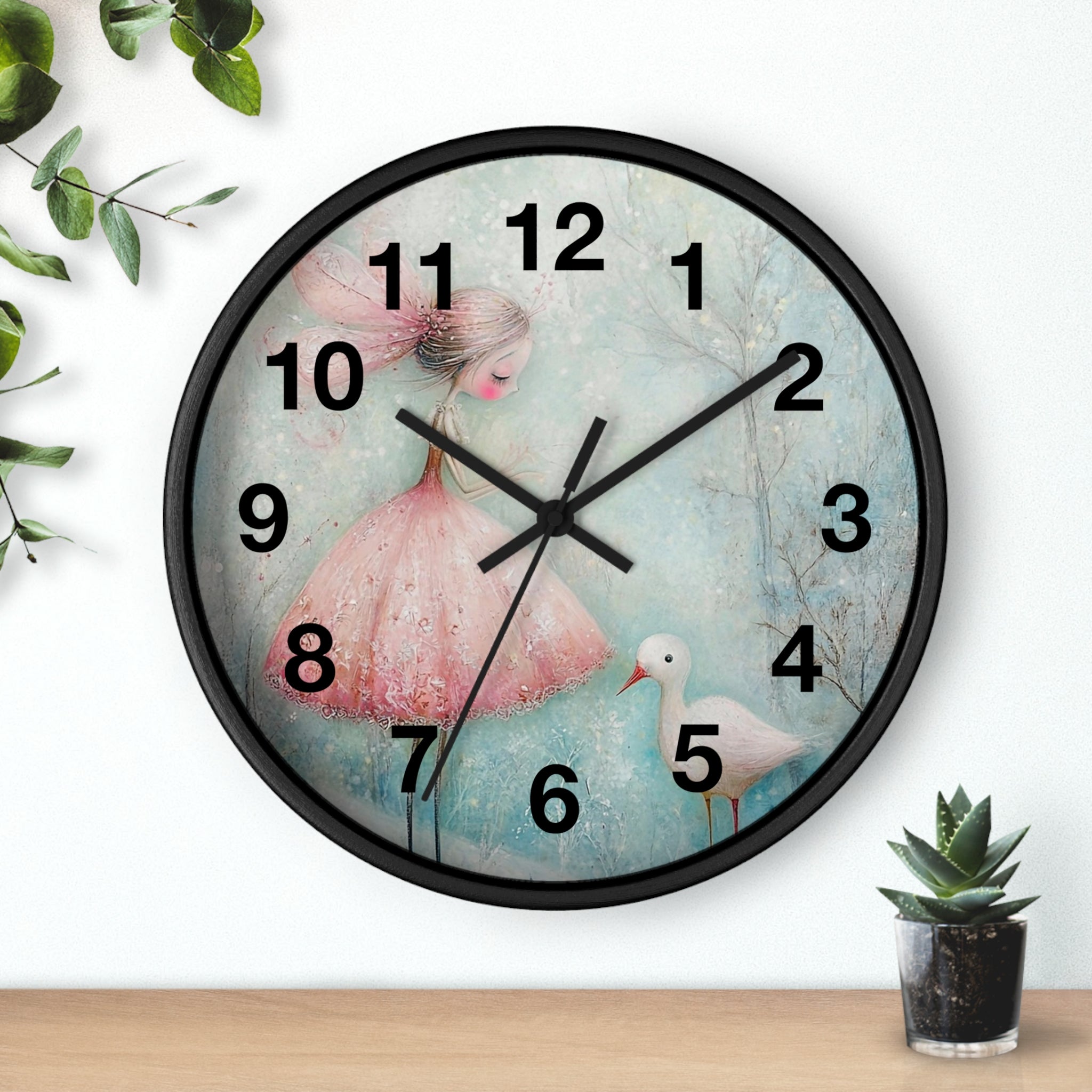 Whimsical Girl & Swan Wall Clock — Pastel Nursery Decor