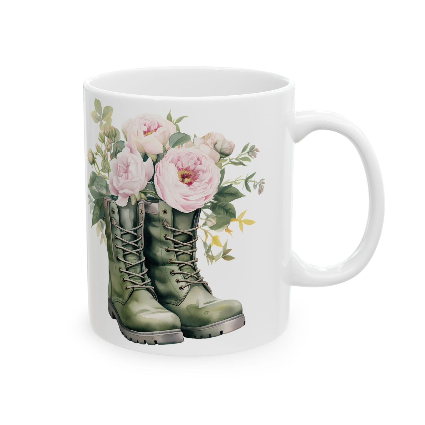 Floral Combat Boot Mug — Military Green Boot with Pink Roses Ceramic Coffee Cup (11oz & 15oz)