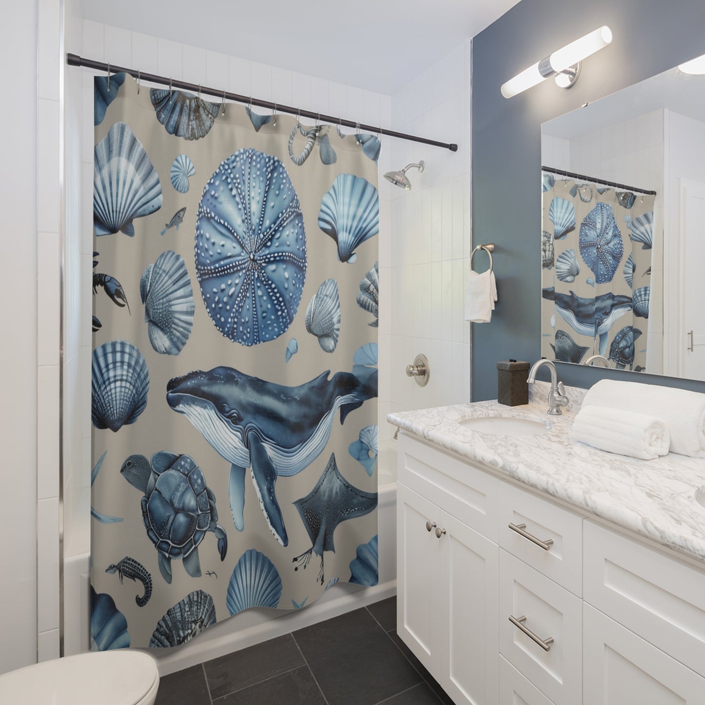 Coastal Blue Sea Life Shower Curtain — Whale, Seashell & Sea Urchin Ocean Bathroom Decor