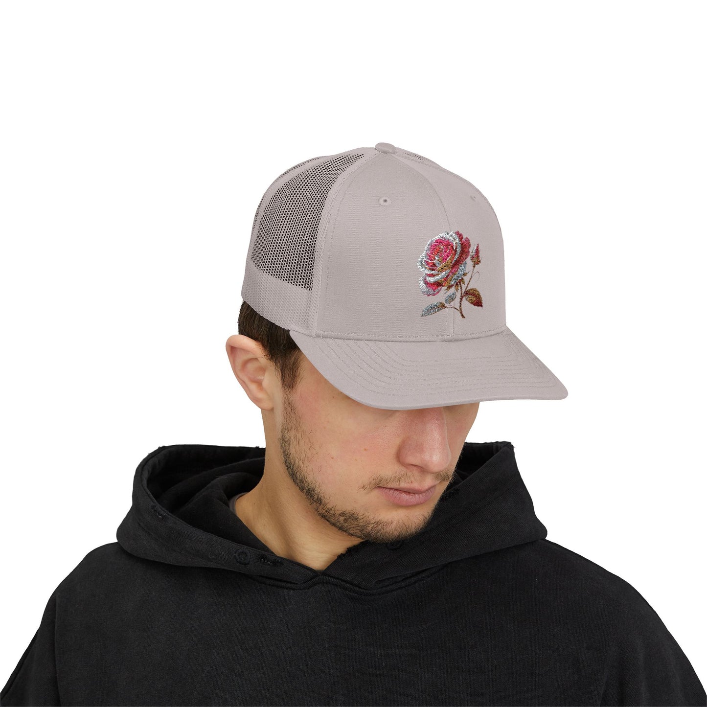 Rose Embellished Snapback Trucker Cap, Casual Hat for Outdoor Events, Gift for Flower Lovers, Stylish Fashion Accessory, Holiday Cap