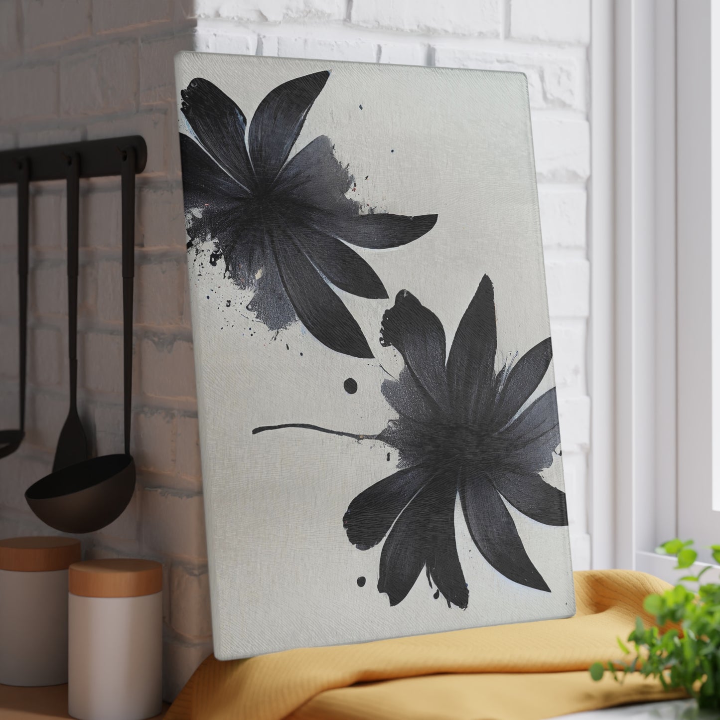 Glass Cutting Board — Black Floral Ink Splash Design
