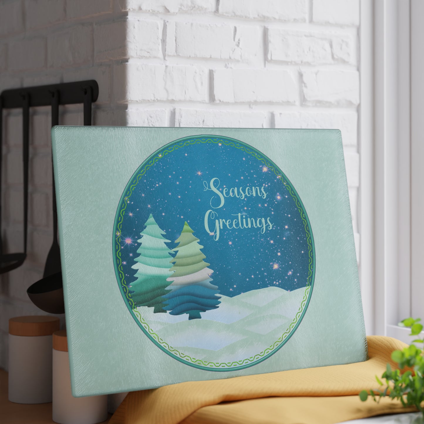 Seasons Greetings Glass Cutting Board – Festive Winter Trees Holiday Kitchen Decor