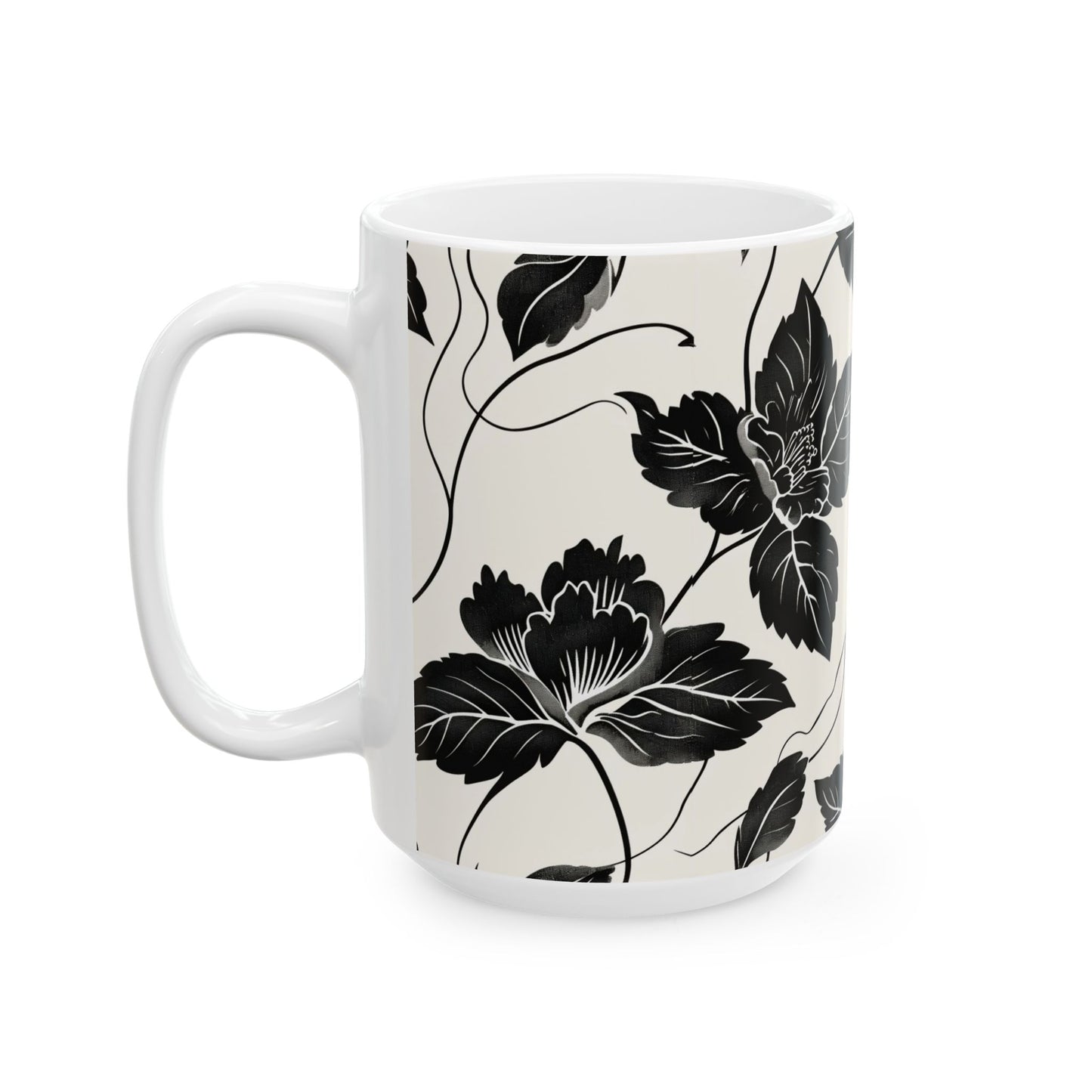 Black Floral Ceramic Mug — Monochrome Vintage Flower Coffee Cup (11oz & 15oz)