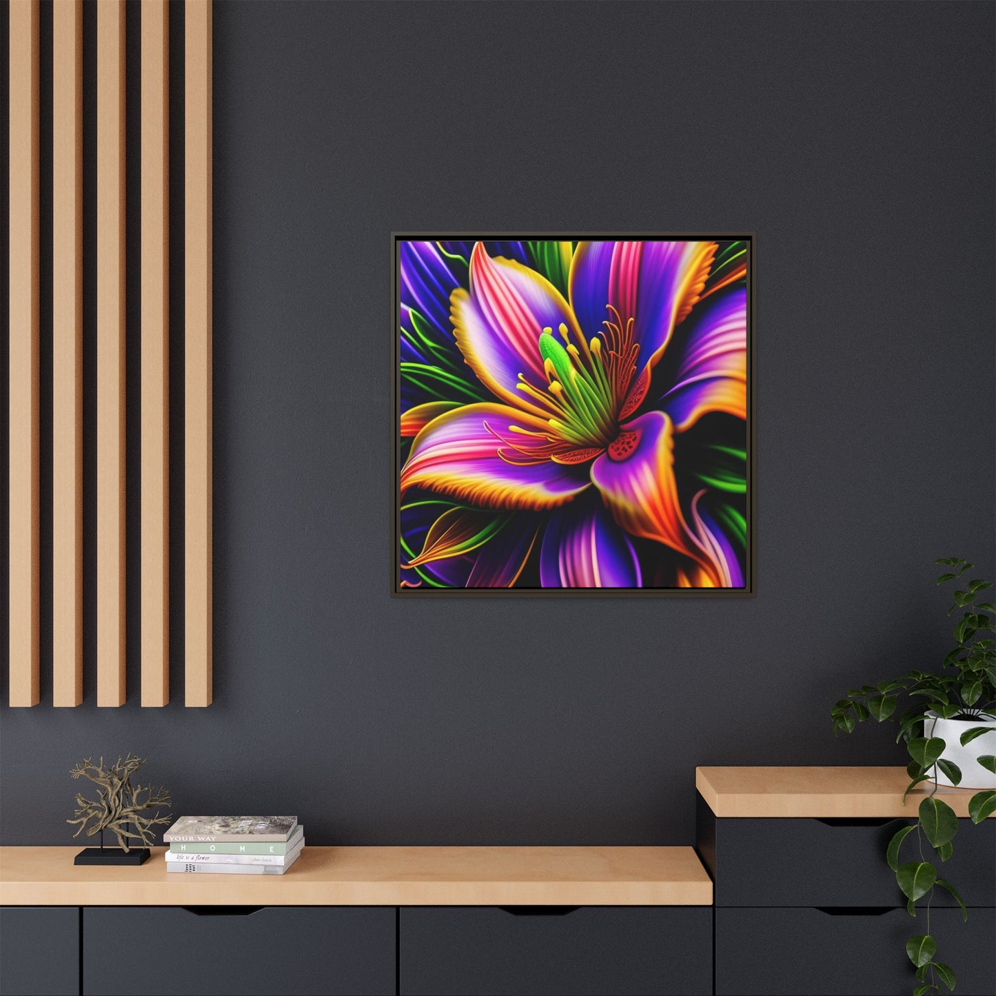 Vibrant Neon Floral Matte Canvas Print — Framed Wall Art