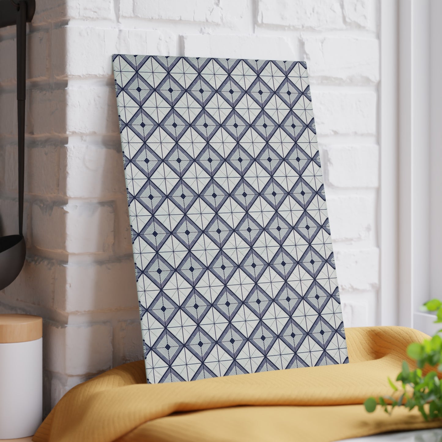 Geometric Slate Glass Cutting Board — Navy Diamond Tile Pattern