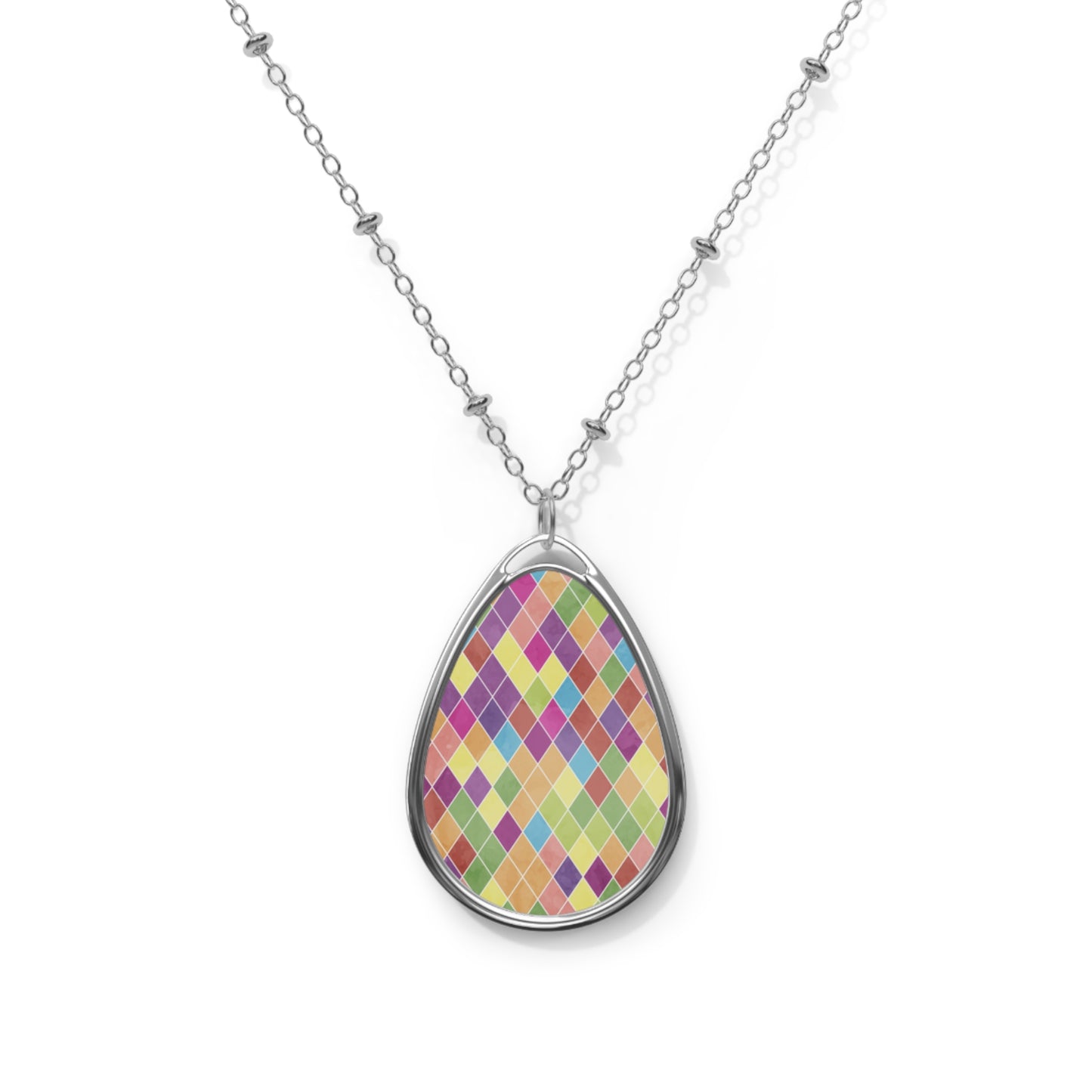 Colorful Patterned Oval Necklace, Teardrop Pendant Jewelry, Unique Gift for Her, Boho Chic Accessory, Everyday Wear, Statement Piece