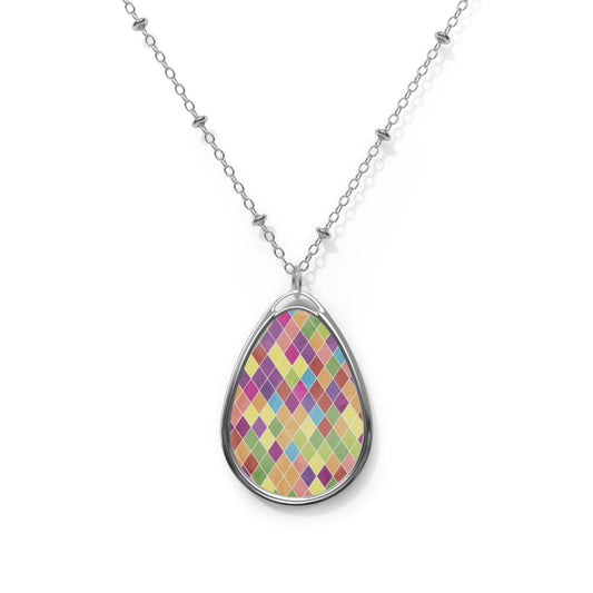 Colorful Patterned Oval Necklace, Teardrop Pendant Jewelry, Unique Gift for Her, Boho Chic Accessory, Everyday Wear, Statement Piece