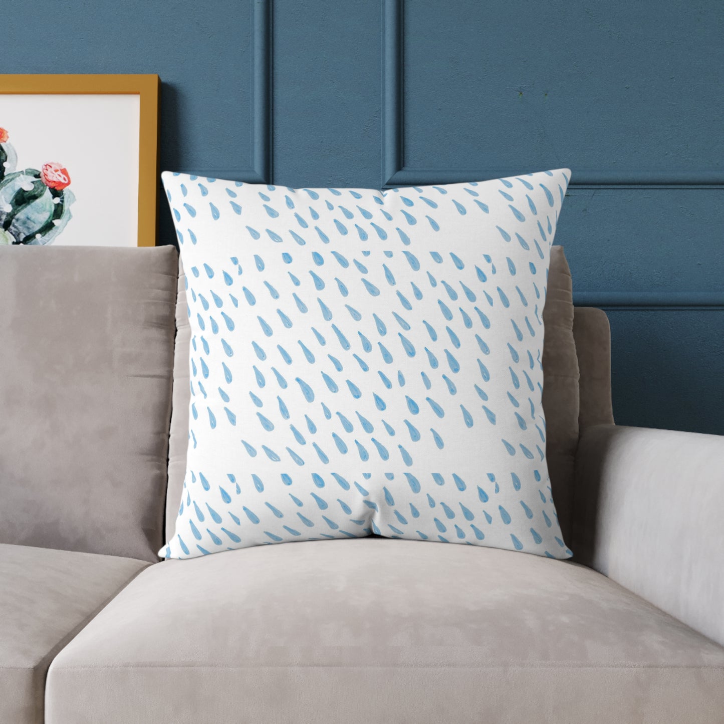 Blue Raindrop Pattern Square Pillow — Minimal Coastal Decorative Throw Pillow