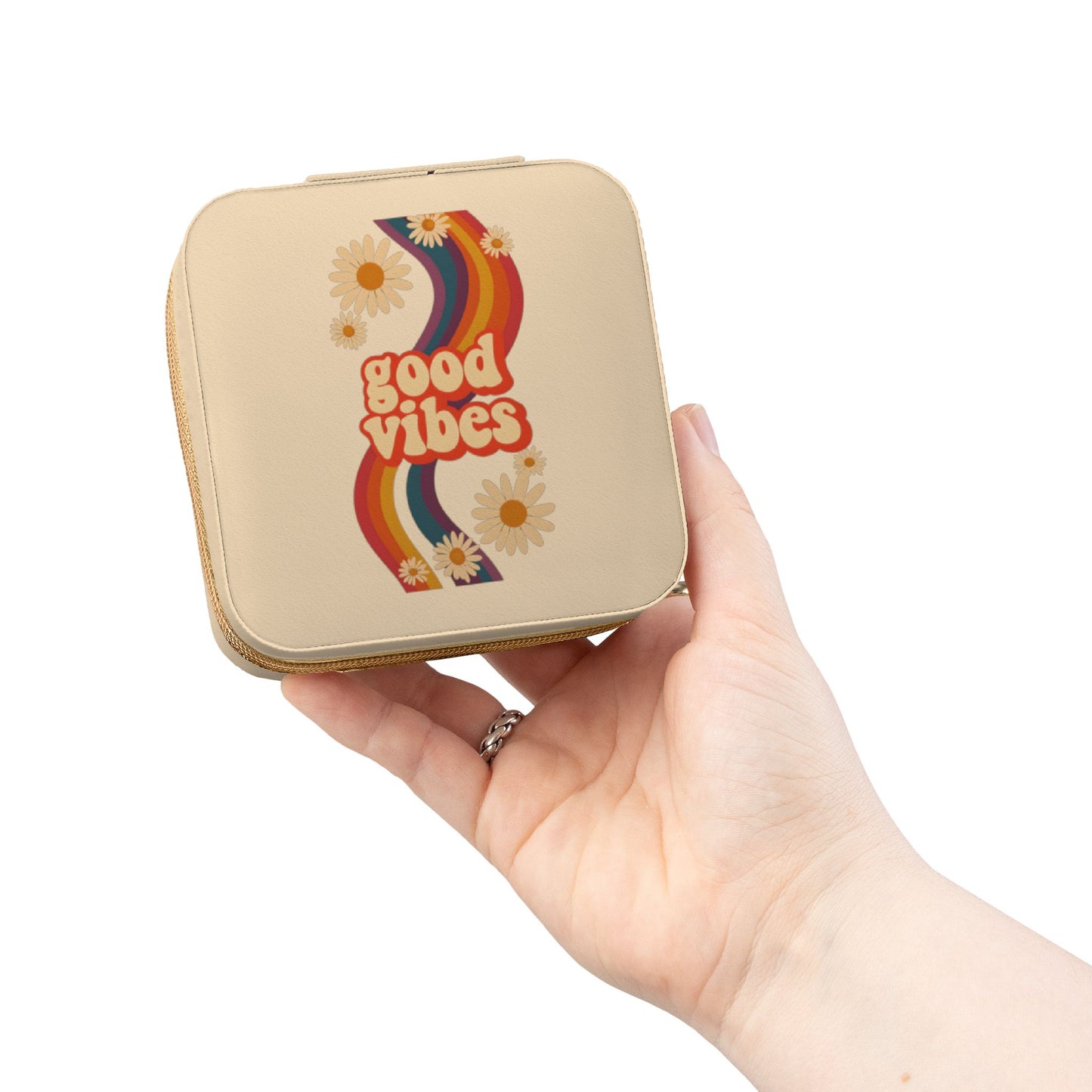Good Vibes Jewelry Travel Case — Compact Retro Rainbow Daisy Jewelry Organizer