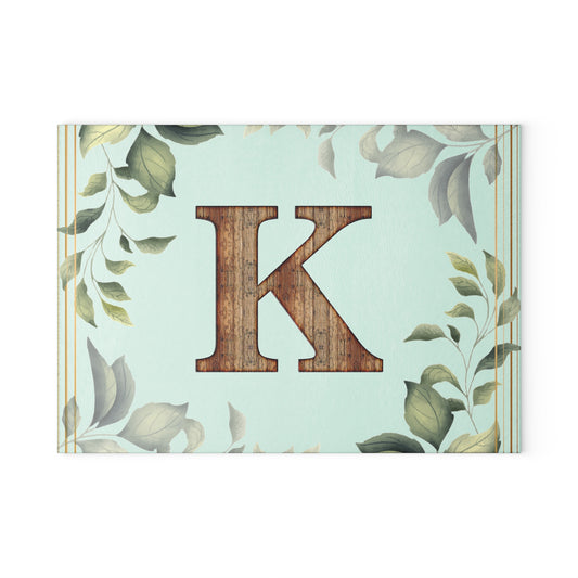 Monogram K Glass Cutting Board – Floral Leaf Kitchen Decor, Personalized Initial Serving Board