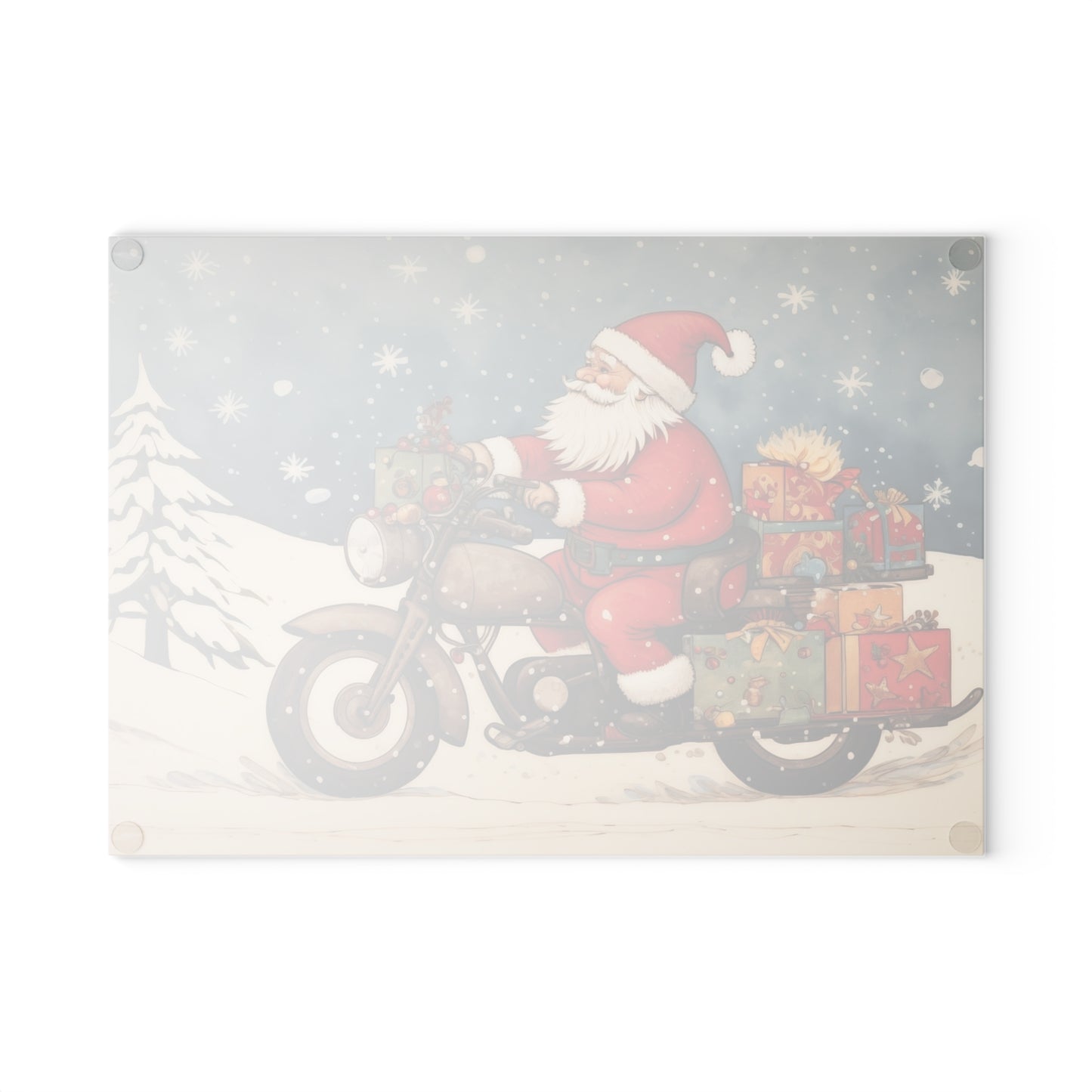 Festive Santa Motorcycle Glass Cutting Board, Holiday Kitchen Decor, Christmas Gift, Unique Cookware, Santa Gift Idea