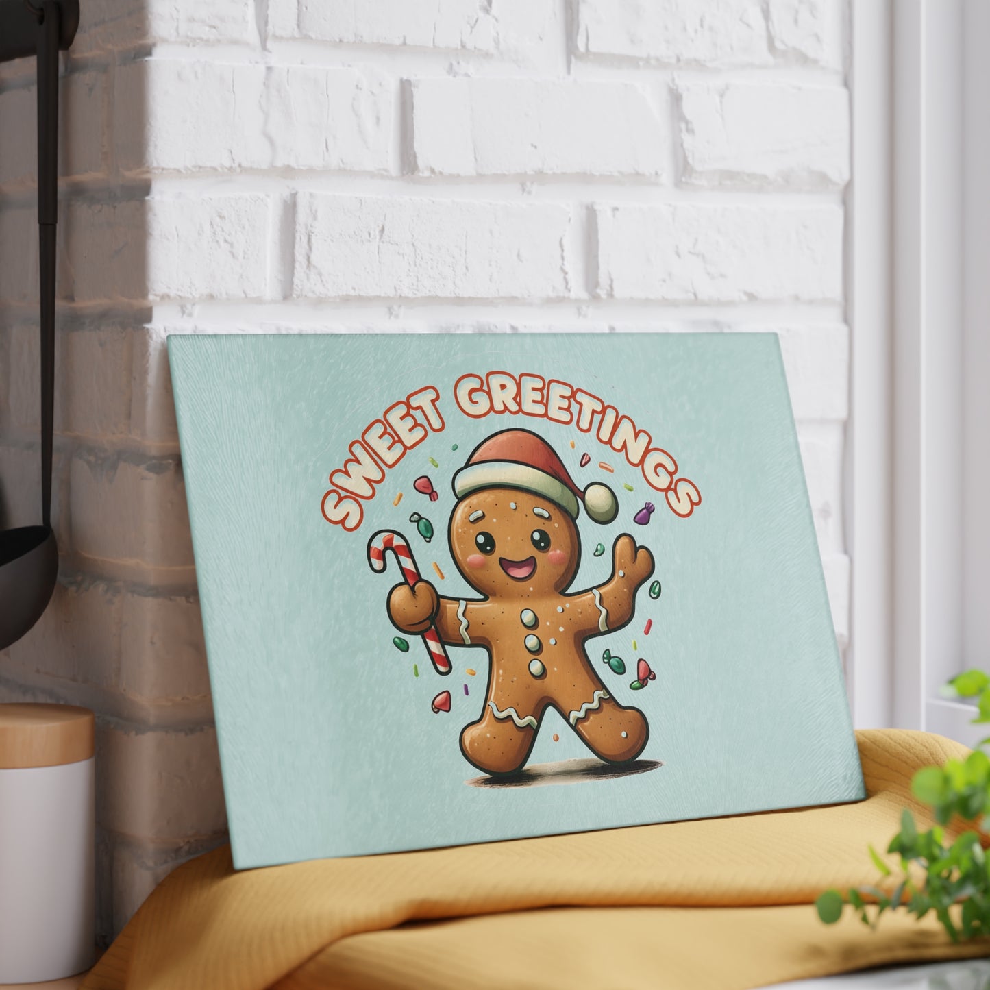 Gingerbread "Sweet Greetings" Glass Cutting Board — Festive Holiday Kitchen Decor