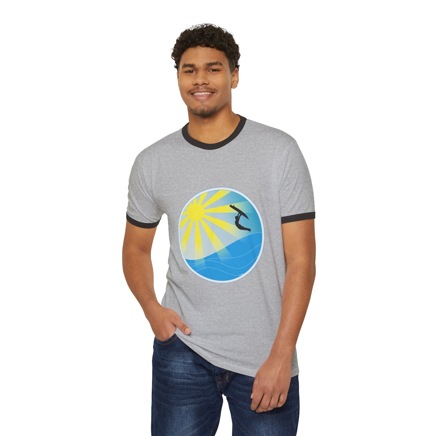 Surf Circle Ringer T-Shirt – Sunny Wave & Surfer Graphic