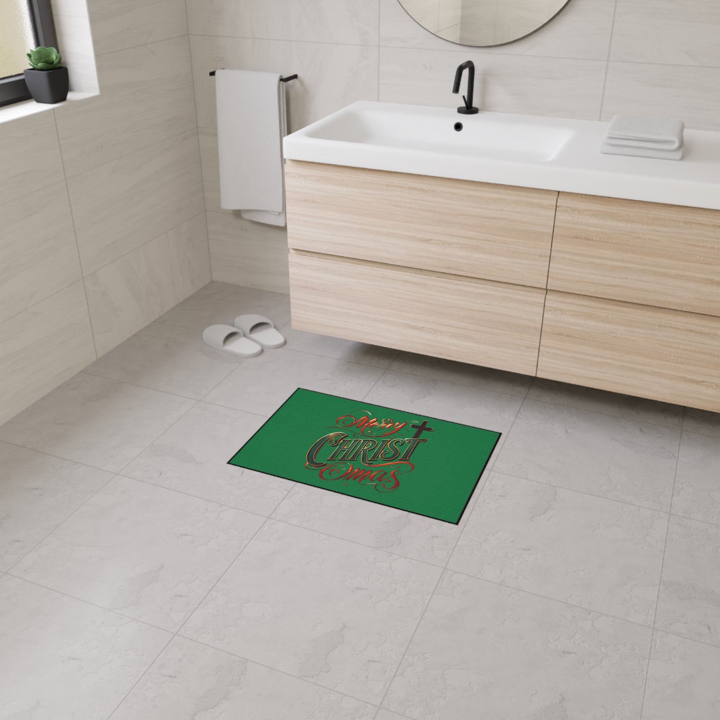Christmas Floor Mat - "Merry Christmas" Script with Cross, Heavy-Duty Holiday Doormat