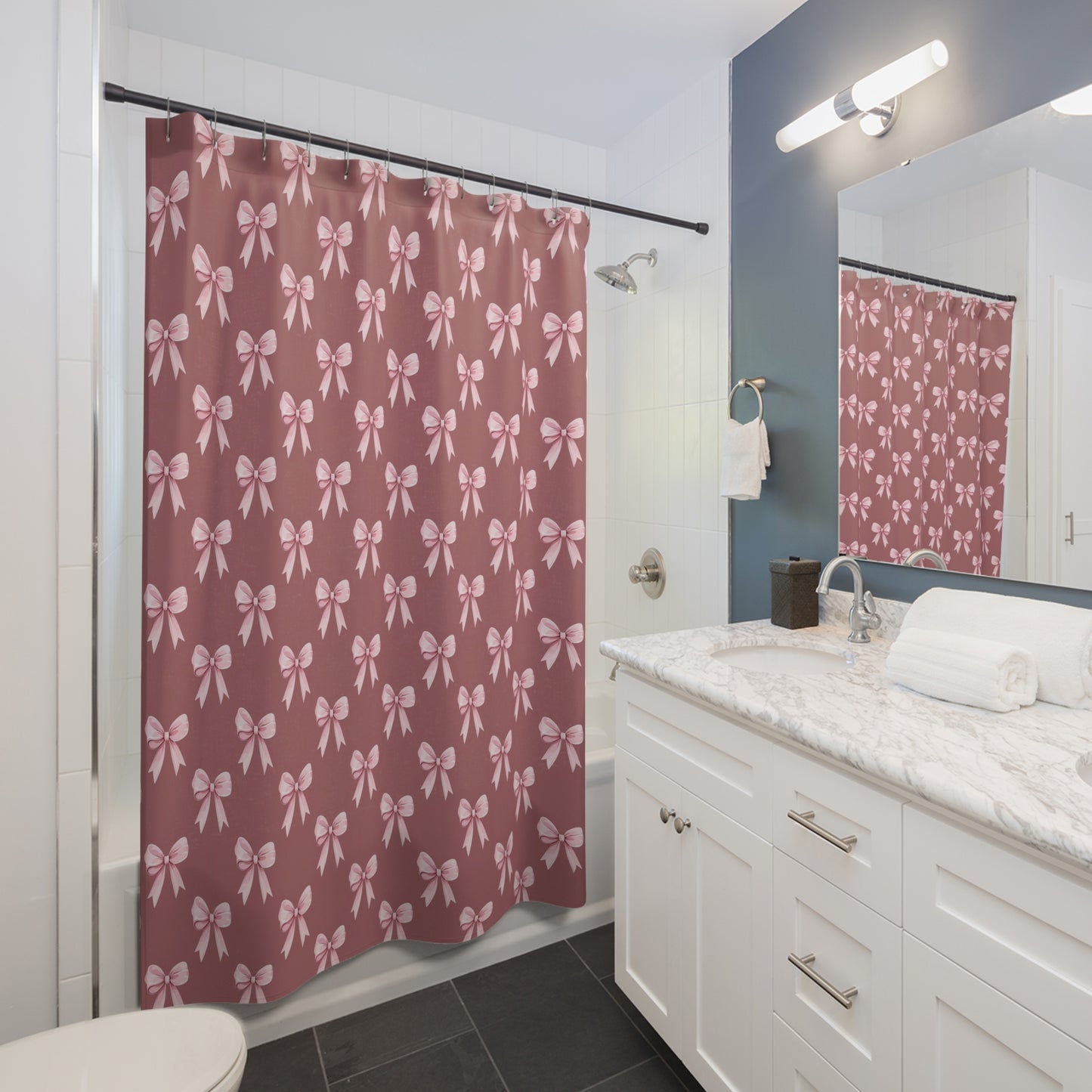 Pink Bow Pattern Shower Curtain — Feminine Floral Bow Bathroom Decor