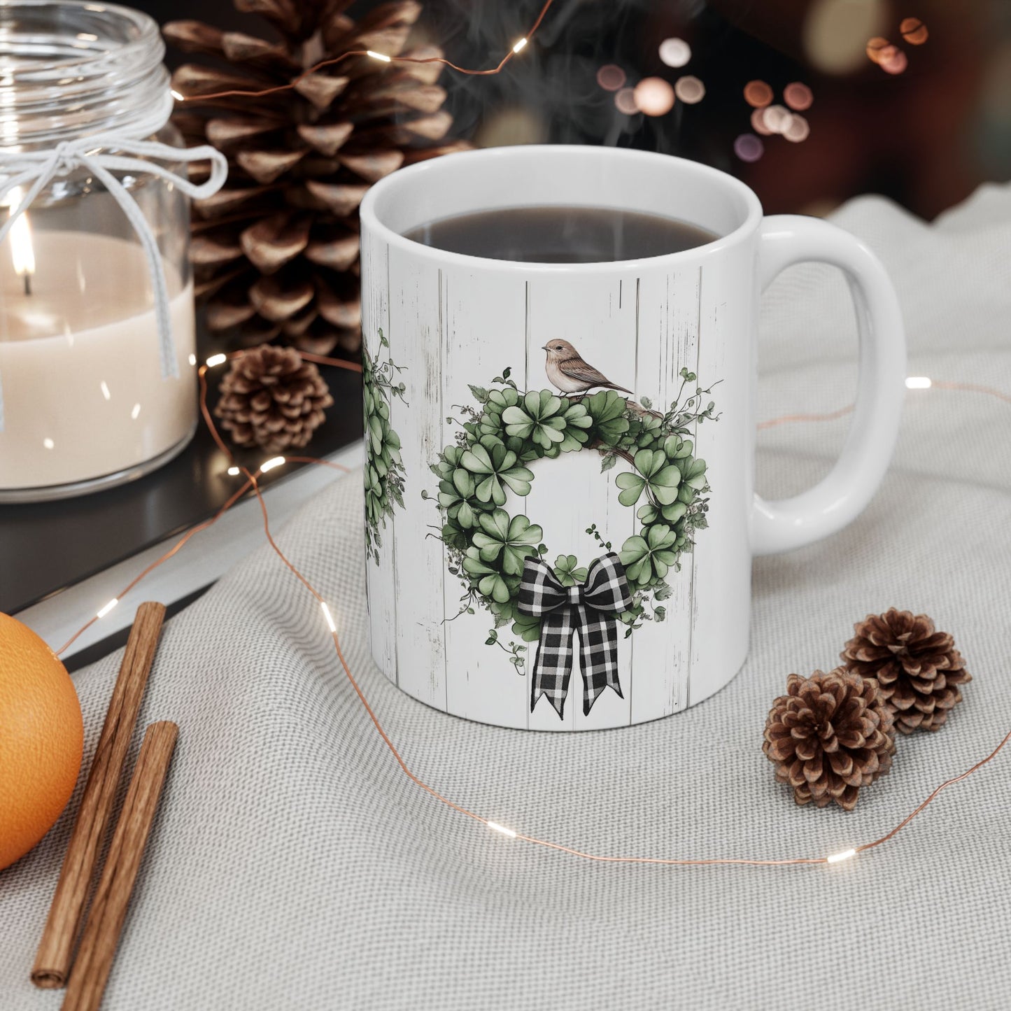 Green Wreath, Gift for Friends, Home Décor, Coffee Mug, Holiday Celebration
