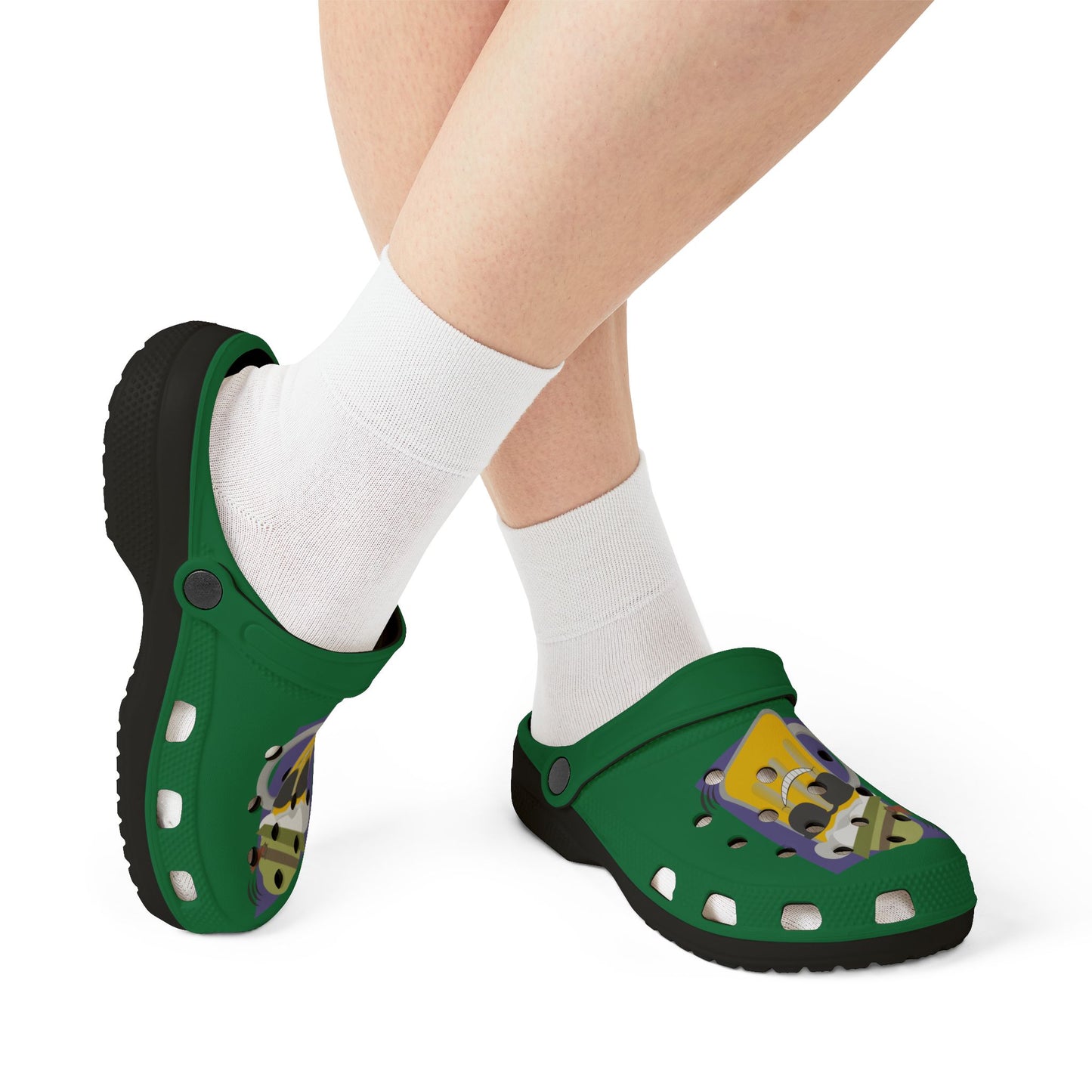 Green Foam Clogs with Cool Sunglasses Mug Graphic — Fun Casual Slip-On Shoes